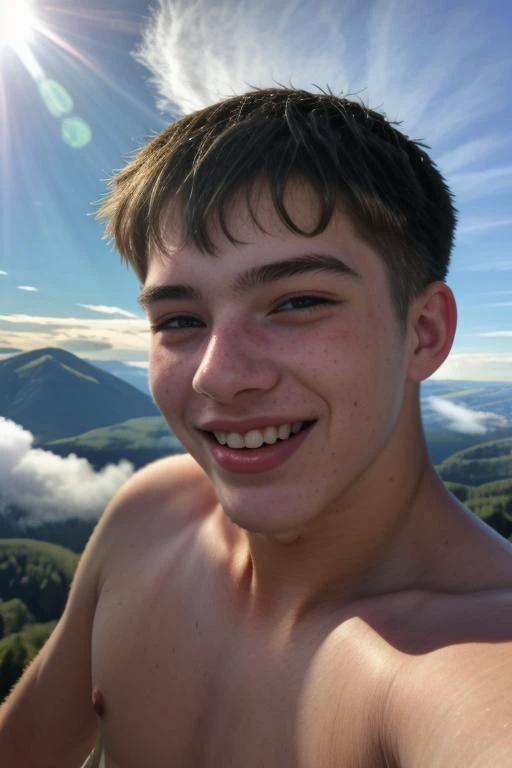laughing smiling, A photograph, a 19yo dg_Jesse boy, <lora:dg_Jesse_v1:0.8>(in clouds), natural light, sharp focus, vivid colours, skin texture, unbuttoned shirt, photorealistic, hyperdetailed, <lora:lcm-lora-sdv1-5:1>