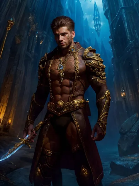 (Realistic), masterpiece, best quality, cinematic lighting, natural shadow, highest detail, professional photography, detailed background, depth of field, insane details, intricate, aesthetic, detailed face, subsurface scattering, realistic hair, realistic eyes, muscular, 1boy, 25yo male mage, futuristic fascistic uniform, blademancer, floating weapon, multiple weapon, sword, knife, spear, glowing, red eyes, jewelry, necklace, tattoo, <lora:Concept - Blademancer:0.65>