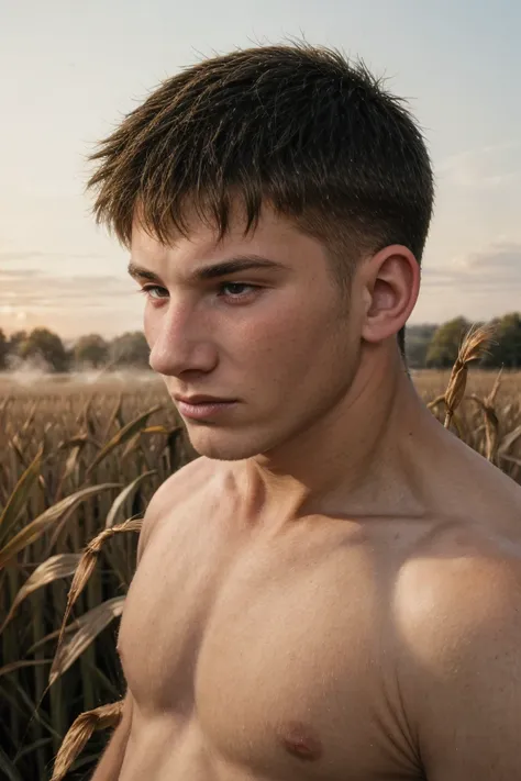 epiCPhoto, gritty analog photograph of, a 19yo male, walking through a field of corn, cornfield, early morning, mist, sharp focus, (close-up:0.7), dynamic angle, a 19yo dg_Jesse boy, <lora:dg_Jesse_v1:0.8>,  hyperdetailed,