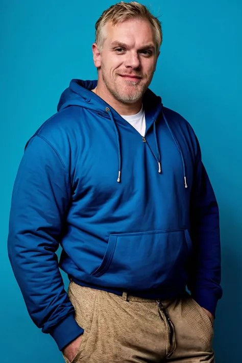 GregDavies, stubble, 80's heartthrob, (1man), muscular, hunky male, (wearing a Retro-style sweatshirt), handsome, professional lighting, artistic shot, blue background
<lora:GregDaviesLora:1>