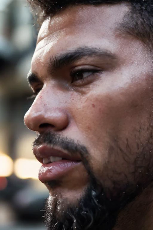 reflected light, looking at viewer, extreme closeup,parted lips, pores, portrait, shallow depth of field, plain background, unkempt beard, moist skin, sharp focus, candid, muscular, tough guy, photorealistic, raw,soft light, (motion blur:1.2), (dark skin, african american)