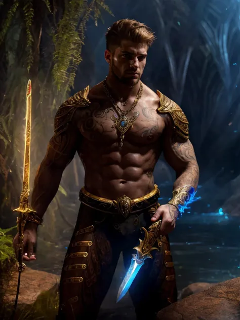 (Realistic), masterpiece, best quality, cinematic lighting, natural shadow, highest detail, professional photography, detailed background, depth of field, insane details, intricate, aesthetic, detailed face, subsurface scattering, realistic hair, realistic eyes, muscular, 1boy, 25yo male mage, futuristic fascistic uniform, blademancer, floating weapon, multiple weapon, sword, knife, spear, glowing, red eyes, jewelry, necklace, tattoo, <lora:Concept - Blademancer:0.65>