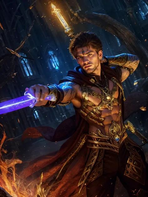 (Realistic), masterpiece, best quality, cinematic lighting, natural shadow, highest detail, professional photography, detailed background, depth of field, insane details, intricate, aesthetic, detailed face, subsurface scattering, realistic hair, realistic eyes, muscular, 1boy, 25yo male mage, futuristic fascistic uniform, blademancer, floating weapon, multiple weapon, sword, knife, spear, glowing, red eyes, jewelry, necklace, tattoo, <lora:Concept - Blademancer:0.65>