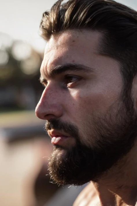 reflected light, looking at viewer, extreme closeup,parted lips, pores, portrait, shallow depth of field, plain background, (Italian), unkempt beard, moist skin, sharp focus, candid, muscular, tough guy, photorealistic, raw,soft light, (motion blur:1.2)