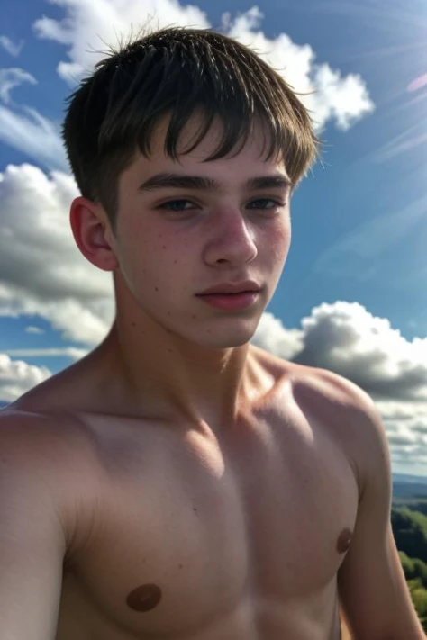 A photograph, a 19yo dg_Jesse boy, <lora:dg_Jesse_v1:0.8>, (in clouds), natural light, sharp focus, vivid colours, skin texture, unbuttoned shirt, photorealistic, hyperdetailed, <lora:lcm-lora-sdv1-5:1>