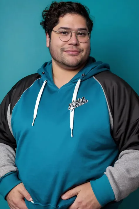 HarveyGuillen, stubble, 80's heartthrob, (1man), muscular, hunky male, soft smile, glasses, (wearing a Retro-style sweatshirt), handsome, professional lighting, artistic shot, blue background
<lora:rs-HarveyGuillenLora-03:1>