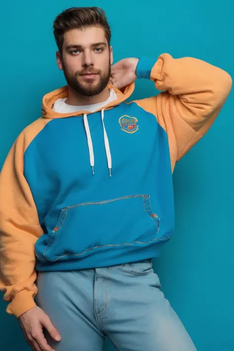 stubble, 80's heartthrob, (1man), muscular, hunky male, (wearing a Retro-style sweatshirt), handsome, professional lighting, artistic shot, blue background