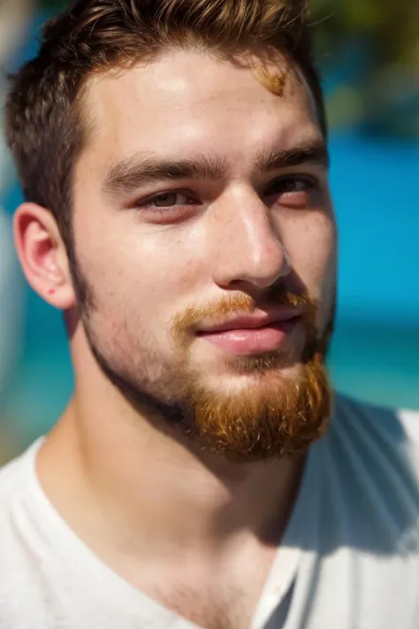 1man, handsome, face portrait, cute, 25 years old,facial hair,messy hair,masterpiece, photorealistic, (skin imperfections), (brown eyes), smile,analog film,bokeh,raw, film,eterna BREAK
ginger beard BREAK
 dark hair