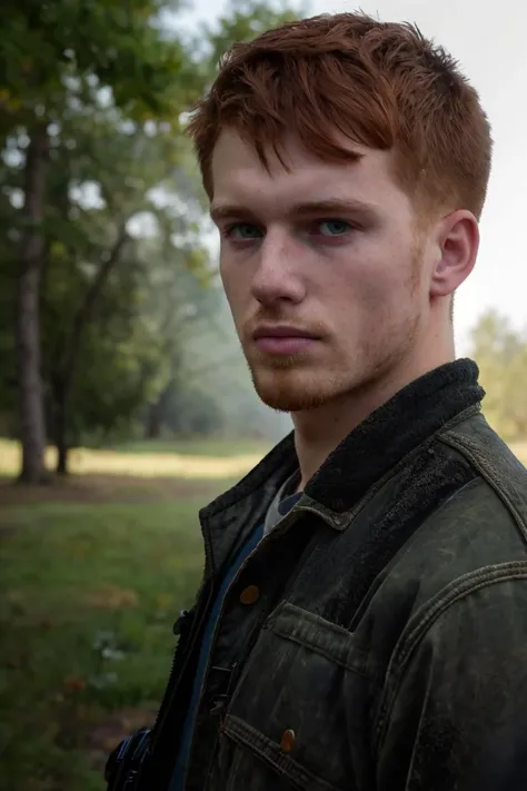 (photo RAW),(Candid portrait photograph of a 20yo redneck boy, short red hair, (green:0.8) eyes, (freckles:0.5), stubble, bully, Appalachian ),masterpiece, top quality, best quality, official art,intricate detailed,highest detailed,depth of field,bokeh,realistic natural lighting,complex, 4k HDR, dusty atmospheric haze, high quality textures of materials, volumetric textures, coating textures, metal textures,