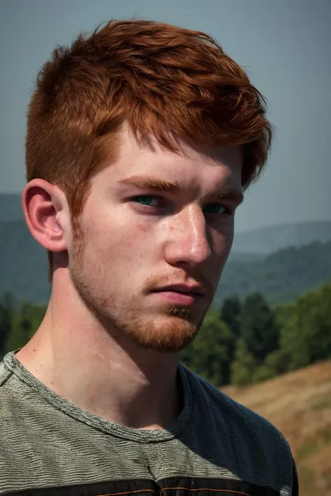 (photo RAW),(Candid portrait photograph of a 20yo redneck boy, short red hair, (green:0.8) eyes, (freckles:0.5), stubble, bully, Appalachian ),masterpiece, top quality, best quality, official art,intricate detailed,highest detailed,depth of field,bokeh,realistic natural lighting,complex, 4k HDR, dusty atmospheric haze, high quality textures of materials, volumetric textures, coating textures, metal textures,