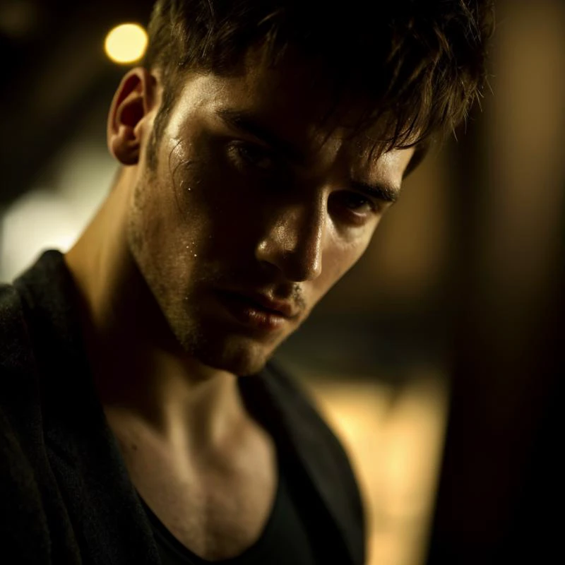 cinematic, film, (panic attack, fear), terror, bokeh, moody, handsome, 1man, (skin imperfections), photorealistic, raw,soft light, close-up,