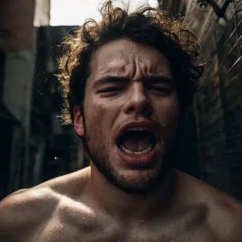 (panicking:1.5, fear:1.2), terror, 1man, raw,soft light, day, (open mouth:0.5), sweatdrop,