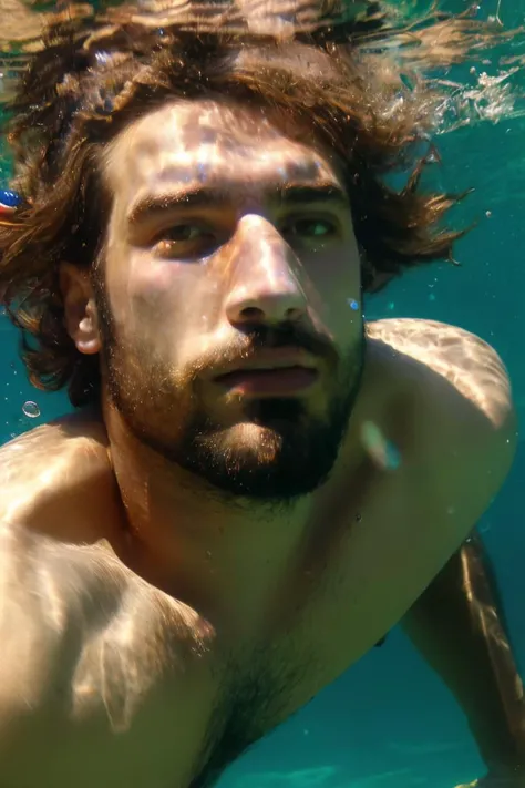 (1man), spanish, facial hair, brown eyes, messy hair, hairy,naked, <lora:jkUnderwaterShot:0.65>, penis, underwater, submerged, caustics, bubbles, swimming,detailed face