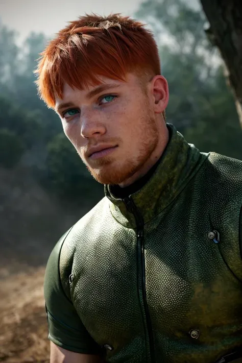 (photo RAW),(Candid portrait photograph of a 20yo redneck boy, (short red hair), green eyes, (freckles:0.5), stubble, muscular, Appalachian, ),masterpiece, top quality, best quality, official art,intricate detailed,highest detailed,depth of field,bokeh,realistic natural lighting,complex, multiple subjects, 4k HDR, dusty atmospheric haze, high quality textures of materials, volumetric textures, coating textures, metal textures,