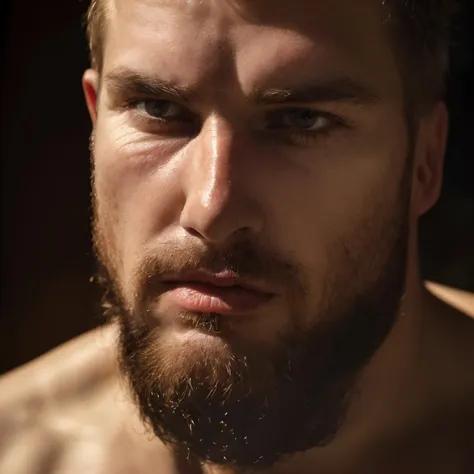 reflected light, looking at viewer, extreme closeup,parted lips, pores, portrait,plain background, finnish, unkempt beard, moist skin, sharp focus, candid, muscular, tough guy,skin imperfections, photorealistic,