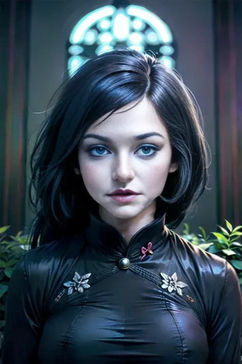 Purple Spandex qipao, perfect face, with an intricate french palace background including the garden<lora:tra:1.28>