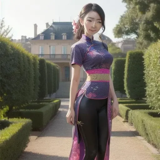 Purple Spandex qipao, perfect face, with an intricate french palace background including the garden<lora:tra:0>