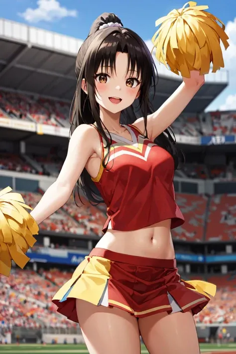 very cute and beautiful cheerleader girl,(highly detailed beautiful face and eyes),holding pom poms,(smile:1.3),happy, (stadium stands),cowboy shot,dynamic pose,(from below),(sleeveless orange cheerleader shirt),beautiful legs, looking at viewer,black hair,ribbon, (best quality,masterpiece),absurdres,highres,ultra-detailed,extremely detailed,32k,8k resolution, intricate details,cinematic scene,detailed background,solo,dynamic angle, hair fluttering in the wind,beautiful detailed sky,