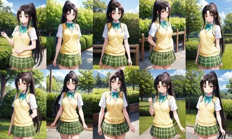 masterpiece, best quality, highres, 1girl, solo, long hair, black hair, ponytail, parted bangs, brown eyes, school uniform, green bowtie, white shirt, short sleeves, sweater vest, yellow vest, plaid skirt, green skirt, <lora:kujou_rin_v1:0.7>, standing, cowboy shot, outdoors
