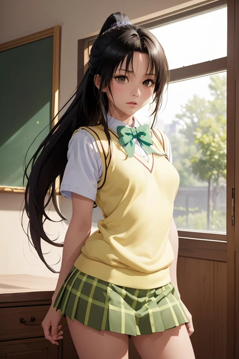 (masterpiece, best quality), 1girl,  <lora:kujou_rin_v1:1> 1girl, solo, long hair, black hair, ponytail, parted bangs, brown eyes, school uniform, green bowtie, white shirt, short sleeves, sweater vest, yellow vest, plaid skirt, green skirt