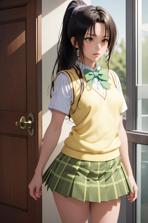 (masterpiece, best quality), 1girl,  <lora:kujou_rin_v1:1> 1girl, solo, long hair, black hair, ponytail, parted bangs, brown eyes, school uniform, green bowtie, white shirt, short sleeves, sweater vest, yellow vest, plaid skirt, green skirt