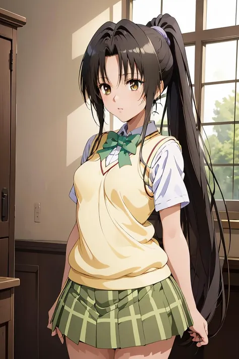 (masterpiece, best quality), 1girl,  <lora:kujou_rin_v1:1> 1girl, solo, long hair, black hair, ponytail, parted bangs, brown eyes, school uniform, green bowtie, white shirt, short sleeves, sweater vest, yellow vest, plaid skirt, green skirt