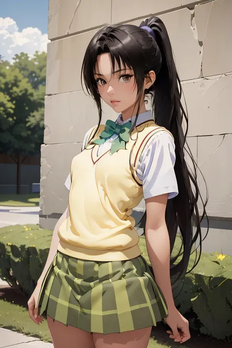 (masterpiece, best quality), 1girl,  <lora:kujou_rin_v1:1> 1girl, solo, long hair, black hair, ponytail, parted bangs, brown eyes, school uniform, green bowtie, white shirt, short sleeves, sweater vest, yellow vest, plaid skirt, green skirt