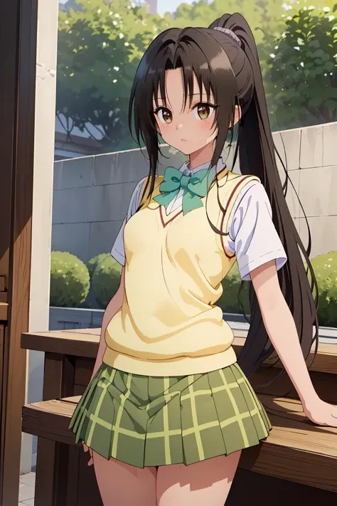 (masterpiece, best quality), 1girl,  <lora:kujou_rin_v1:1> 1girl, solo, long hair, black hair, ponytail, parted bangs, brown eyes, school uniform, green bowtie, white shirt, short sleeves, sweater vest, yellow vest, plaid skirt, green skirt