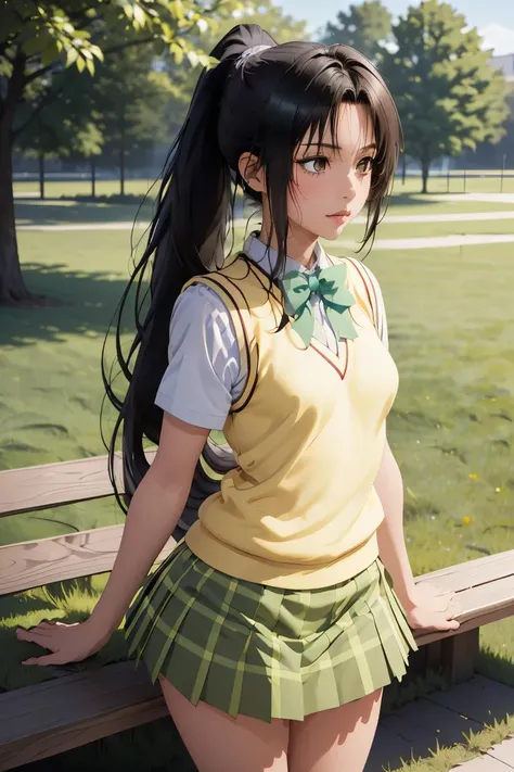 (masterpiece, best quality), 1girl,  <lora:kujou_rin_v1:1> 1girl, solo, long hair, black hair, ponytail, parted bangs, brown eyes, school uniform, green bowtie, white shirt, short sleeves, sweater vest, yellow vest, plaid skirt, green skirt