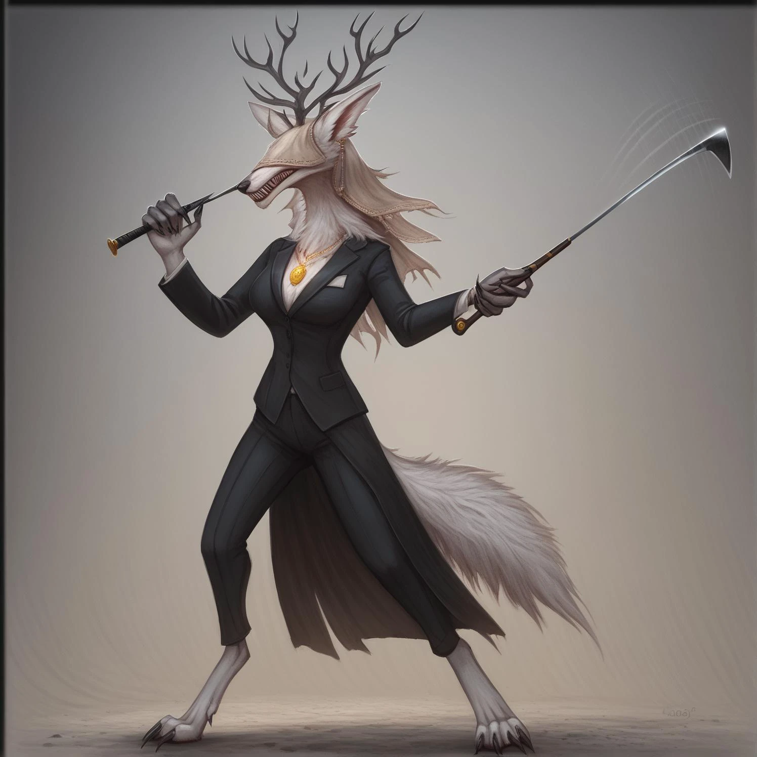 1girl, full body, <lora:Vicar Amelia (Bloodborne)_epoch_7:1>anthro bbvicamelia,white fur, fluffy fur, sharp teeth, claws, paws, digitigrade, golden pendant necklace, formal suit, playing golf, holding a golf club, at a golf course, motion lines
<lora:Vempire_Stule_-_Pony:1>, detailed, masterpiece,score_9, best quality