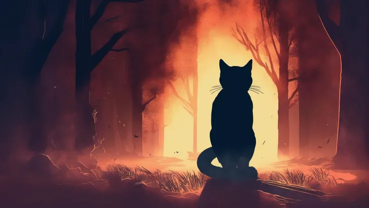 youtube motion design channel banner, jumbo cat, horror movie lone scene,somber lighting, detailed ground particles, mist and dust, focused lighting on main subject, shadow play, colorful hue in a eerie way, Jessie Willcox Smith Style