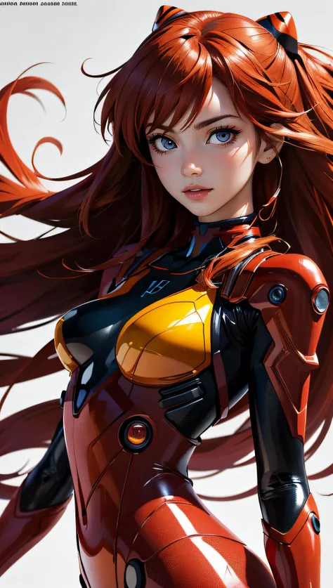 (best quality, masterpiece, colorful, dynamic angle, highest detailed)(Asuka Langley), upper body photo, fashion photography of cute red long hair girl (Asuka Langley), dressing  high detailed Evangelion red suit (high resolution textures), in dynamic pose, bokeh, (intricate details, hyperdetailed:1.15), detailed, sunlight passing through hair, monocromatic splash art background(high contrast, official art, extreme detailed, highest detailed),