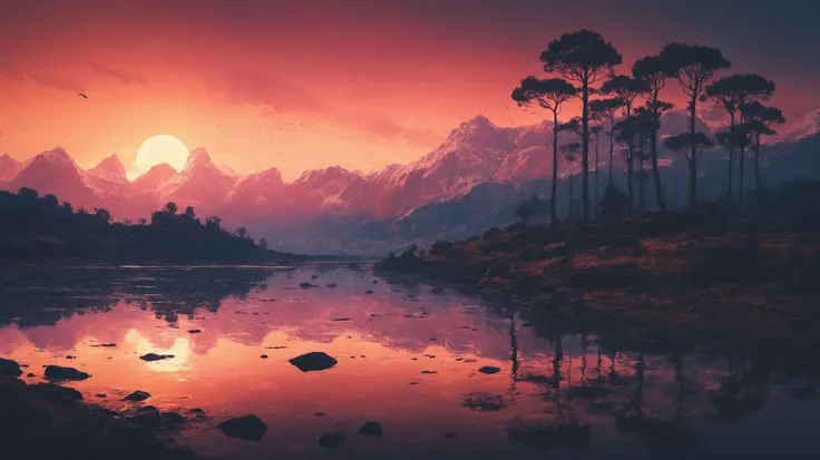 highly detailed and hyper realistic photo, by Alena Aenami , by Archibald Thorburn , by Daniele Afferni , a breathtaking otherworldly landscape with psychedelic colors , in the style of  monochromatic silhouette reflection,  limited dark palette, unusual dark colors, faded colors, atmospheric haze, highly dramatic cinematic lighting, motion blur, film grain,  professional, excellent composition, finest details, maximized details, ultimate detail level, masterpiece, best quality