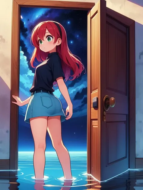 (masterpiece, best quality, detailed:1.5), 1girl, <lora:girllikeopendoor:0.8> open door, night sky inside frame, standing in water, futurama style