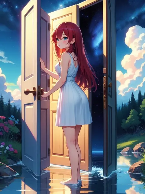 (masterpiece, best quality, detailed:1.5), 1girl, <lora:girllikeopendoor:0.8> open door, night sky inside frame, standing in water, futurama style