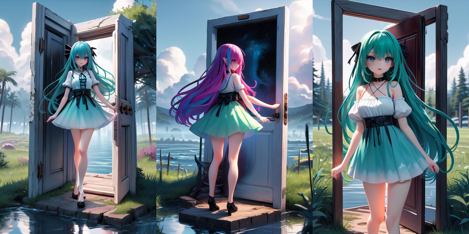 Anime girl in a short dress standing in front of a door - SeaArt AI