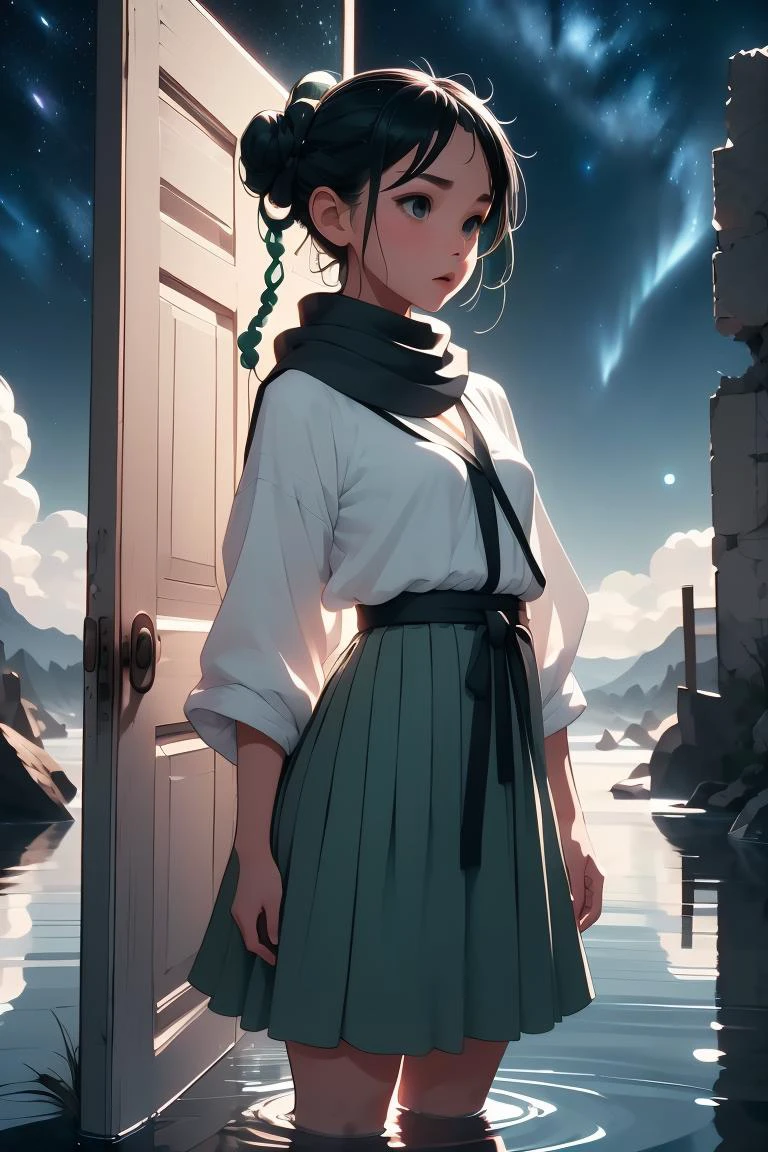 (masterpiece, best quality), 1girl, Mulberry Braided Top Knot with Scarf Wrap, tiny breasts, <lora:girllikeopendoor:1> open door, night sky inside frame, standing in water, light black ponytail, white shirt, green pleated skirt, ruins, outdoor, makoto shinkai style