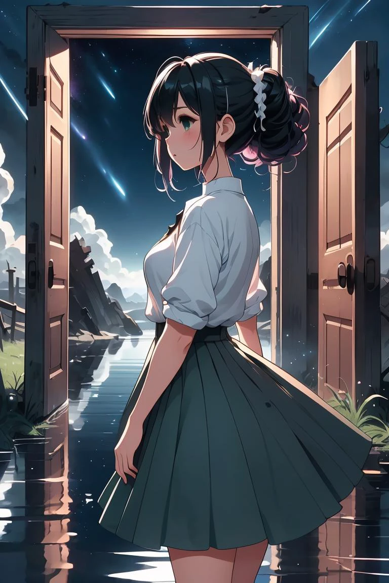 (masterpiece, best quality), 1girl, Blush Curly Mohawk Updo with Glitter Roots, Size H breasts, <lora:girllikeopendoor:1> open door, night sky inside frame, standing in water, light black ponytail, white shirt, green pleated skirt, ruins, outdoor, makoto shinkai style