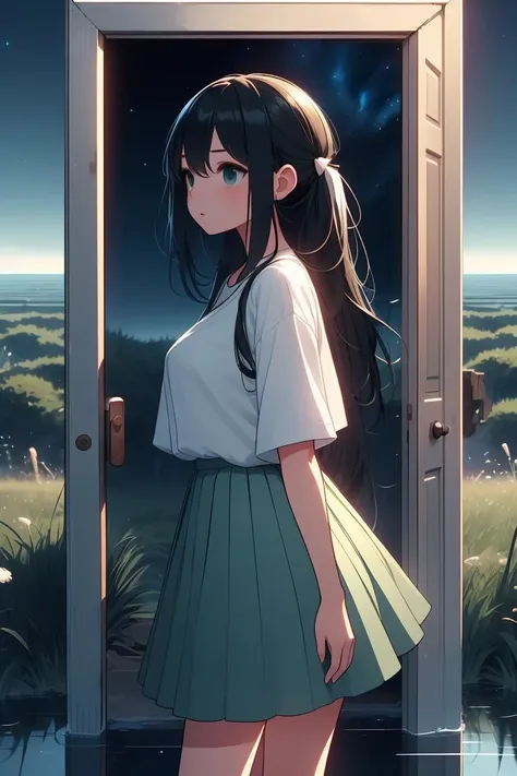 (masterpiece, best quality), 1girl,  Dandelion Faded Comb-Over with Line Up, Size F breasts,  <lora:girllikeopendoor:1> open door, night sky inside frame, standing in water, light black ponytail, white shirt, green pleated skirt, ruins, outdoor, makoto shinkai style