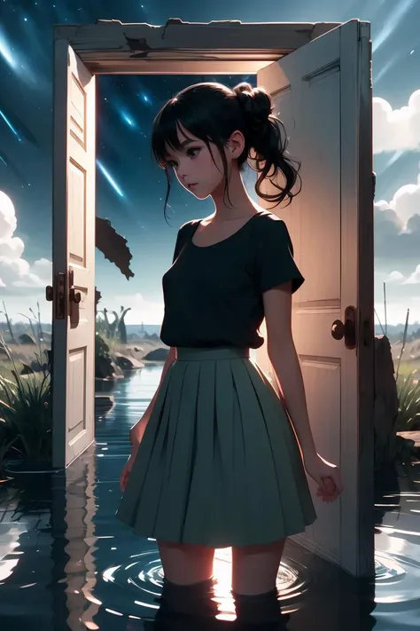 (masterpiece, best quality), 1girl,  Dark Brown Messy Top Knot, tiny breasts,  <lora:girllikeopendoor:1> open door, night sky inside frame, standing in water, light black ponytail, white shirt, green pleated skirt, ruins, outdoor, makoto shinkai style