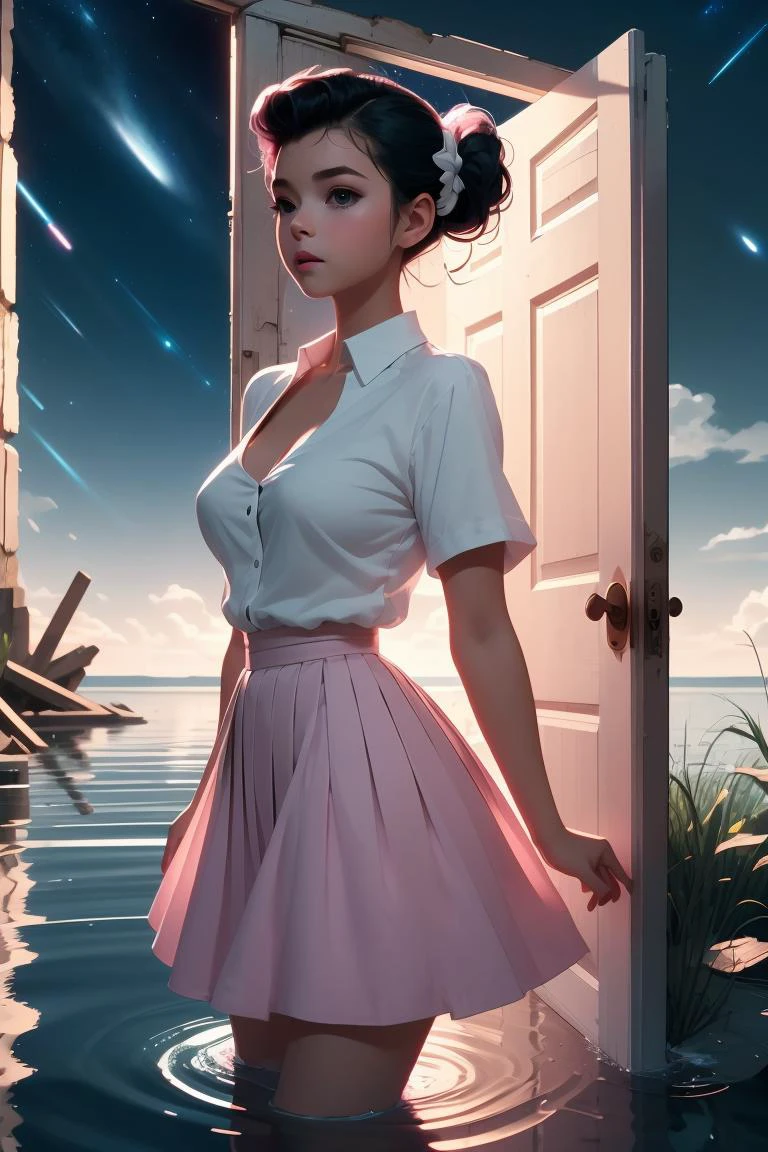 (masterpiece, best quality), 1girl,   pink Classic Pompadour with Tapered Sides, Sizes I to L breasts,  <lora:girllikeopendoor:1> open door, night sky inside frame, standing in water, light black ponytail, white shirt, green pleated skirt, ruins, outdoor, makoto shinkai style