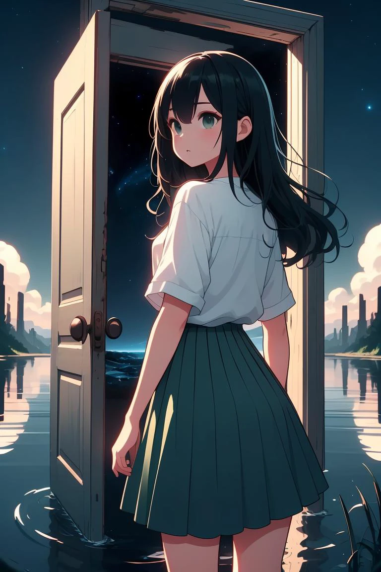 (masterpiece, best quality), 1girl, Black Wavy Lob (Long Bob), tiny breasts, <lora:girllikeopendoor:1> open door, night sky inside frame, standing in water, light black ponytail, white shirt, green pleated skirt, ruins, outdoor, makoto shinkai style