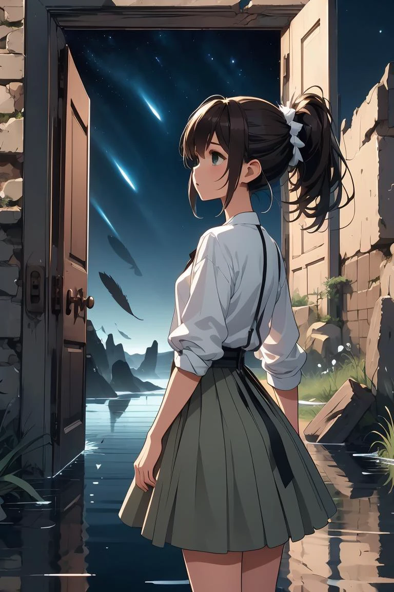(masterpiece, best quality), 1girl, Bronzy Brown Mohawk Updo with Feather Hairpin, flat chest, <lora:girllikeopendoor:1> open door, night sky inside frame, standing in water, light black ponytail, white shirt, green pleated skirt, ruins, outdoor, makoto shinkai style