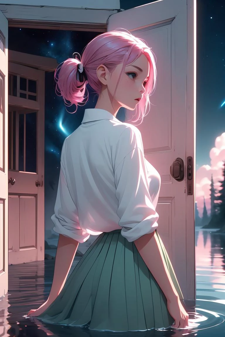 (masterpiece, best quality), 1girl, Pink Slicked Back Hair, Sizes I to L breasts, <lora:girllikeopendoor:1> open door, night sky inside frame, standing in water, light black ponytail, white shirt, green pleated skirt, ruins, outdoor, makoto shinkai style