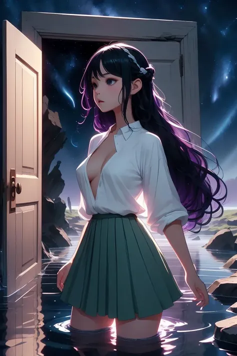 (masterpiece, best quality), 1girl, Deep purple Waterfall Braid with Curls, Size D breasts, <lora:girllikeopendoor:1> open door, night sky inside frame, standing in water, light black ponytail, white shirt, green pleated skirt, ruins, outdoor, makoto shinkai style