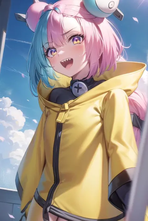 pokemoniono, <lyco:pokemoniono-lyco-nochekaiser:1>,
pokemon iono, blue hair, bow-shaped hair, character hair ornament, hair ornament, long hair, low-tied long hair, multicolored hair, pink hair, sharp teeth, split-color hair, twintails, two-tone hair, (pink eyes:1.5), <lora:talkmouth_A_v100:1>, open mouth,
BREAK asymmetrical legwear, bell, bow-shaped hair, character hair ornament, hexagon print, oversized clothes, pantyhose, single leg pantyhose, split-color hair, jacket, (yellow jacket:1.5),
BREAK looking at viewer, upper body, full body, (cowboy shot:1.5),
BREAK outdoors, nature, sky,
BREAK <lyco:GoodHands-beta2:1>, (masterpiece:1.2), best quality, high resolution, unity 8k wallpaper, (illustration:0.8), (beautiful detailed eyes:1.6), extremely detailed face, perfect lighting, extremely detailed CG, (perfect hands, perfect anatomy),
