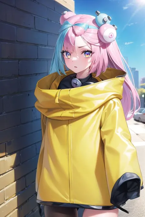 pokemoniono, <lyco:pokemoniono-lyco-nochekaiser:1>,
pokemon iono, blue hair, bow-shaped hair, character hair ornament, hair ornament, long hair, low-tied long hair, multicolored hair, pink hair, sharp teeth, split-color hair, twintails, two-tone hair, (pink eyes:1.5),
BREAK asymmetrical legwear, bell, bow-shaped hair, character hair ornament, hexagon print, oversized clothes, pantyhose, single leg pantyhose, split-color hair, jacket, (yellow jacket:1.5),
BREAK looking at viewer, upper body, full body, (cowboy shot:1.5),
BREAK outdoors, nature, sky,
BREAK <lyco:GoodHands-beta2:1>, (masterpiece:1.2), best quality, high resolution, unity 8k wallpaper, (illustration:0.8), (beautiful detailed eyes:1.6), extremely detailed face, perfect lighting, extremely detailed CG, (perfect hands, perfect anatomy),