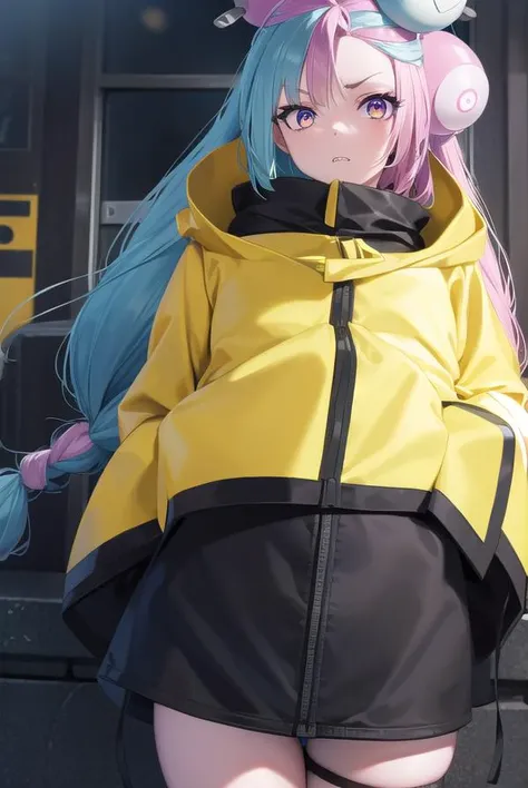 pokemoniono, <lyco:pokemoniono-lyco-nochekaiser:1>,
pokemon iono, blue hair, bow-shaped hair, character hair ornament, hair ornament, long hair, low-tied long hair, multicolored hair, pink hair, sharp teeth, split-color hair, twintails, two-tone hair, (pink eyes:1.5),
BREAK asymmetrical legwear, bell, bow-shaped hair, character hair ornament, hexagon print, (oversized clothes:1.5), pantyhose, single leg pantyhose, split-color hair, jacket, (yellow jacket:1.5),
BREAK looking at viewer, upper body, full body, (cowboy shot:1.5),
BREAK outdoors, nature, sky,
BREAK <lyco:GoodHands-beta2:1>, (masterpiece:1.2), best quality, high resolution, unity 8k wallpaper, (illustration:0.8), (beautiful detailed eyes:1.6), extremely detailed face, perfect lighting, extremely detailed CG, (perfect hands, perfect anatomy),