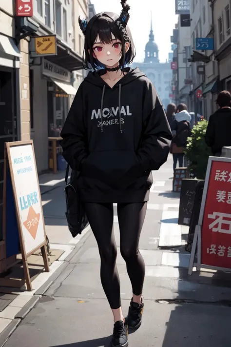 a girl wearing a hoodie and leggings <lora:KitsuneAi-NerissaRavencroft-LoCon32-V0_4-000008:0.8>