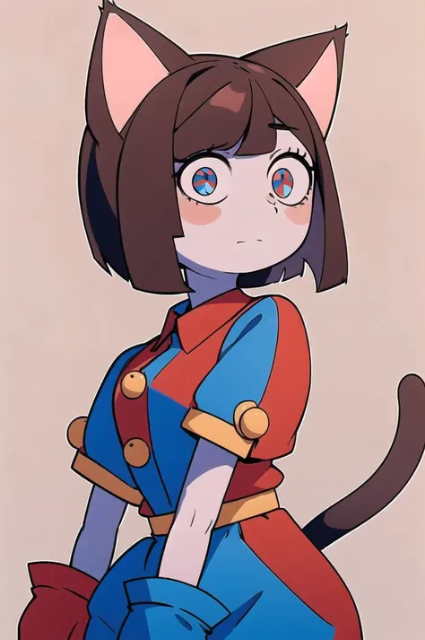 1girl, masterpiece, best quality, pomni, multicolored clothes, puffy short sleeves, gloves, buttons, colored skin, symbol-shaped pupils, red eyes, blue eyes <lora:pomni:1>, brown hair, short hair, ((cat ears)), looking at viewer, expressionless, simple background